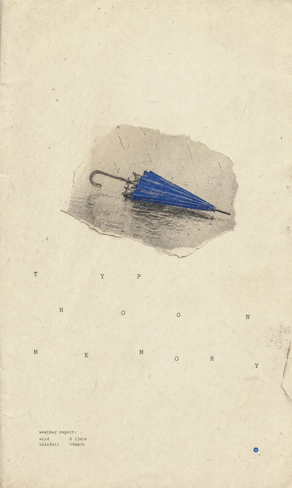Typhoon Memory 极简 ZINE 海报：蓝色风暴形态与红色小面积锚点